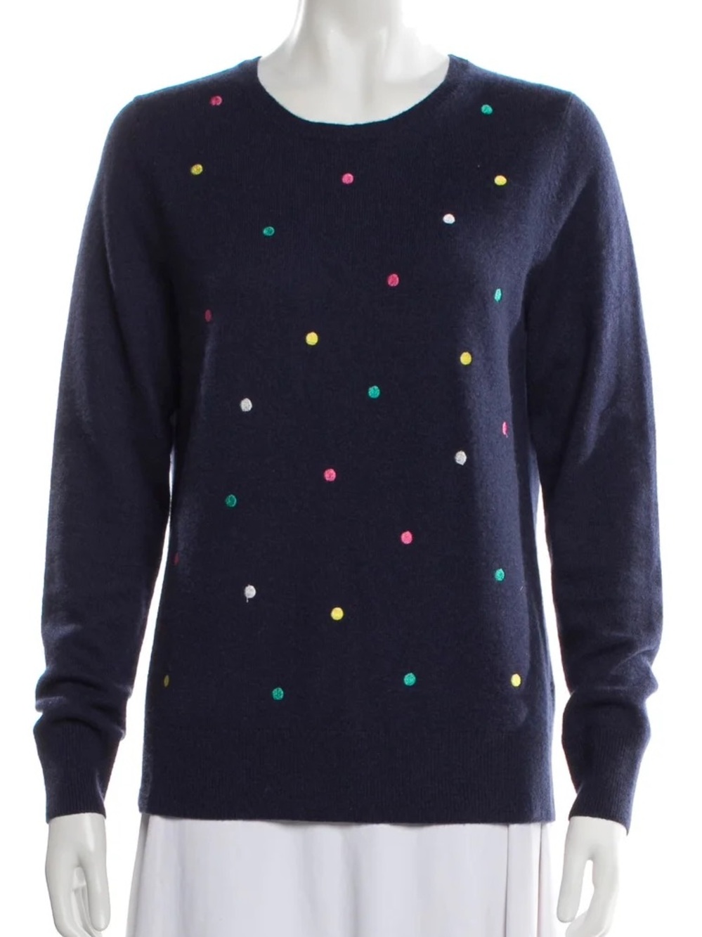 Neiman Marcus 100% Cashmere Embroidered Polka Dot Navy Crewneck Sweater Women's